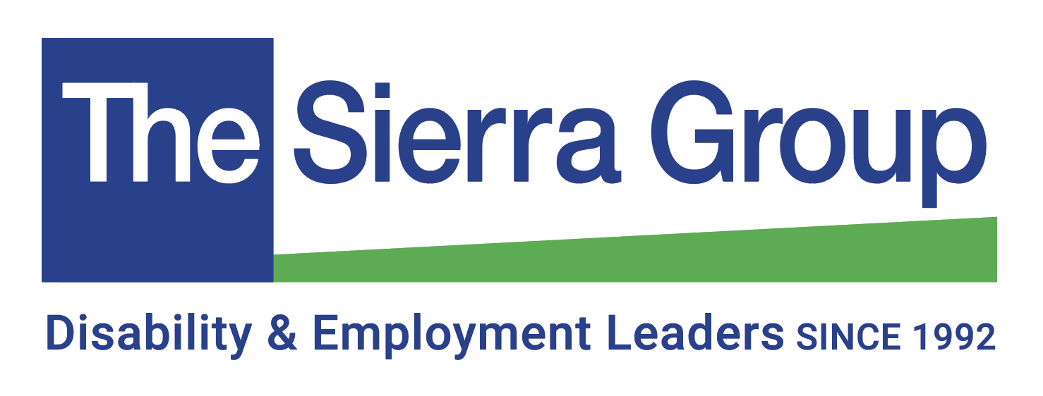 The Sierra Group Logo. Blue box around the word the and green ramp under Sierra Group. Underneath says Disabilty & Employment Leaders since 1992 
